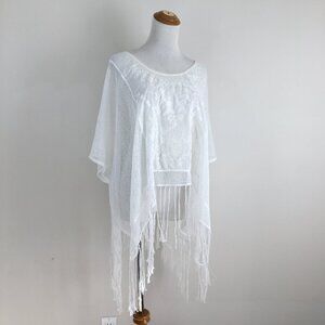 NWT ANGL White Fringe Hem Embroidery Batwing Sleeve Poncho Bikini Cover Shirt